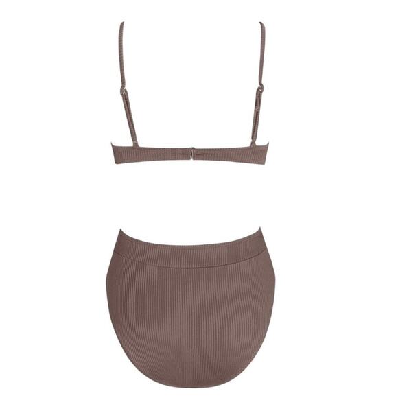 Cupshe Bikini Ribbed Scoop Neck Bralette High Waist 2 Piece Brown Womens Small - Picture 4 of 8